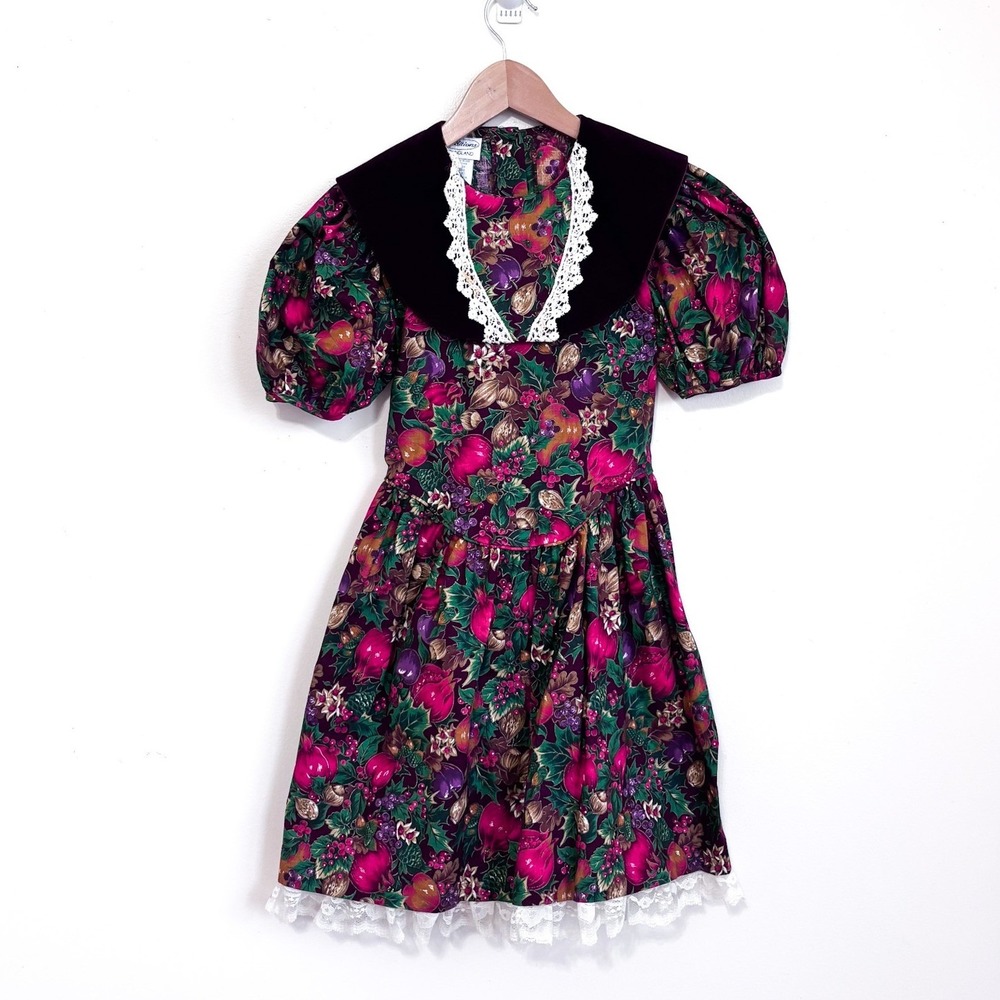 Youngland Traditions Vintage Fruit Print Harvest Dress Girls 8 Burgundy Lace